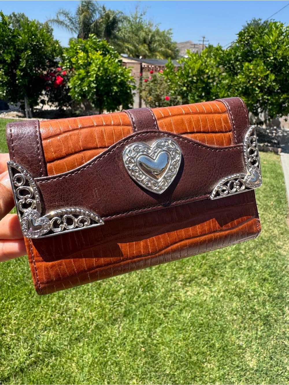 Brighton Brown Croc-Texture Embossed Heart Accent Western Boho Trifold Wallet